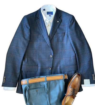The Jack Victor Sport Coat 1252209 in blue plaid is paired with a white dress shirt, teal trousers, a tan leather belt, and brown shoes, all laid flat on a white background.