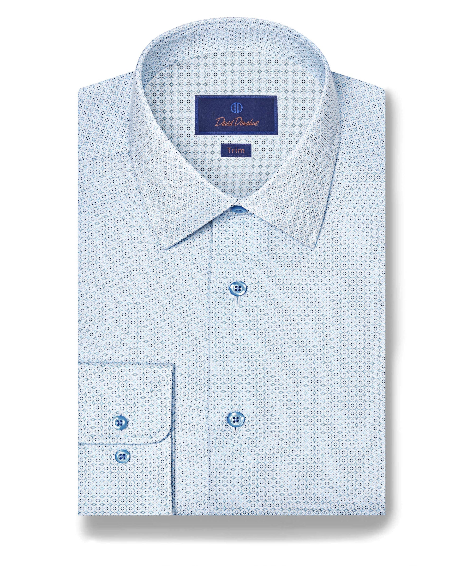 The David Donahue OP Geo Dress Shirt TBSP12601136 by David Donahue is a light blue geometric dress shirt with a small circular pattern, front pocket, premium fabric, and “Trim” label inside the collar.