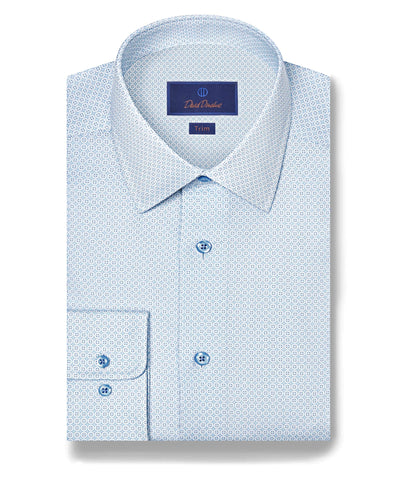 The David Donahue OP Geo Dress Shirt TBSP12601136 by David Donahue is a light blue geometric dress shirt with a small circular pattern, front pocket, premium fabric, and “Trim” label inside the collar.