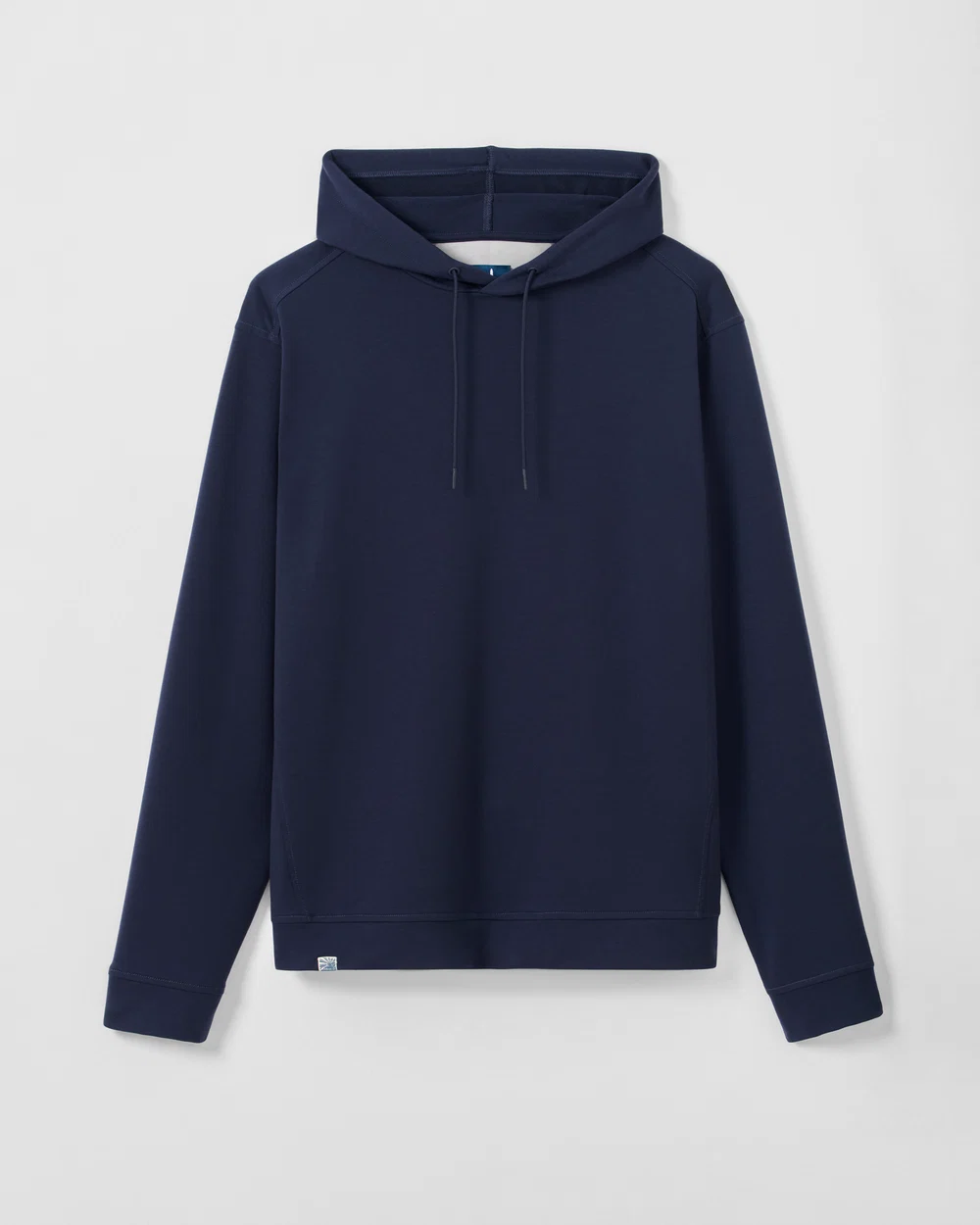 The Johnnie-O Willard Performance Hoodie Big & Tall by Johnnie-O is an athletic-fit, plain navy blue hoodie with long sleeves, drawstrings, and a small white tag at the bottom hem, shown against a white background.