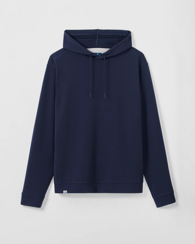 The Johnnie-O Willard Performance Hoodie Big & Tall by Johnnie-O is an athletic-fit, plain navy blue hoodie with long sleeves, drawstrings, and a small white tag at the bottom hem, shown against a white background.