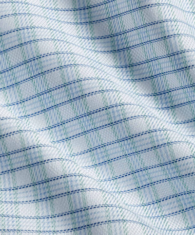 Close-up of the David Donahue Pistachio Dobby Check Shirt TBSP12805129 fabric, featuring a blue and green plaid pattern with subtle texture and gentle waves.