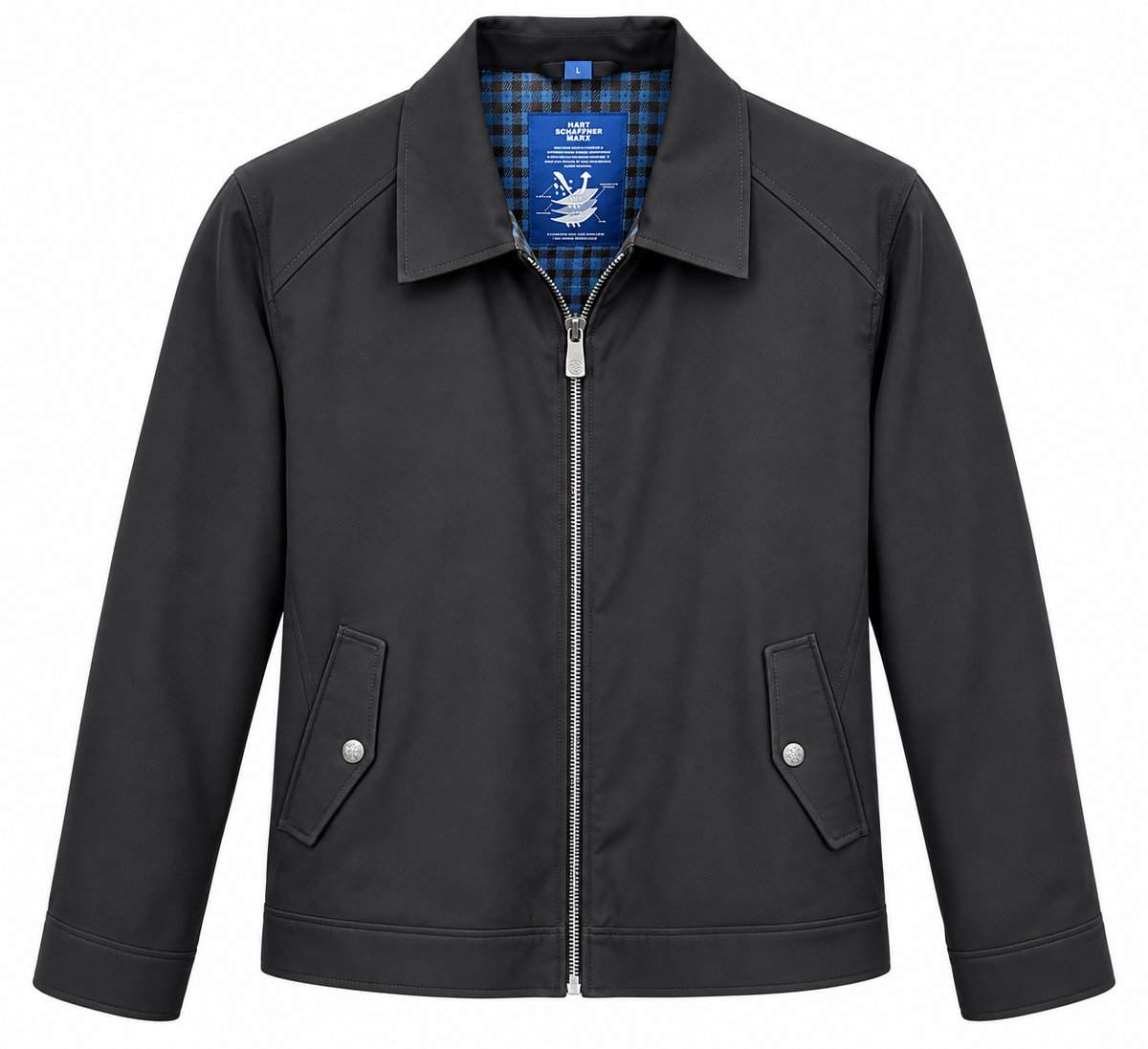 The Hart Schaffner Marx Felix Commuter Jacket 6214 is a black men’s jacket with a collar, two front snap pockets, and blue plaid lining at the neck.