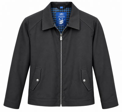 The Hart Schaffner Marx Felix Commuter Jacket 6214 is a black men’s jacket with a collar, two front snap pockets, and blue plaid lining at the neck.