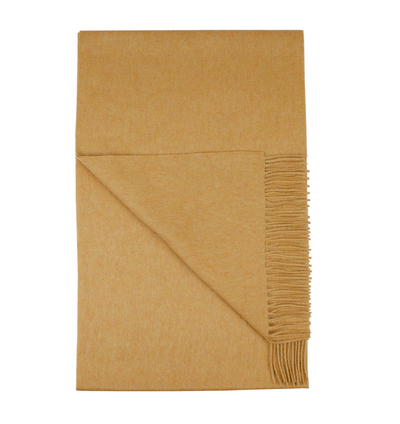 Amanda Christensen Men’s Wool Melange Scarf 440016 in tan wool with a folded corner and fringed edge.