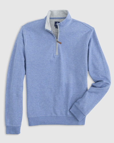 The Johnnie-O Sweater SULLY 1/4 Zip is a light blue cotton-blend men’s pullover with long sleeves, a stand-up collar, ribbed cuffs and hem, and a stylish quarter-zip design by Johnnie-O, shown laid flat.