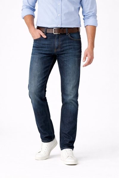 Man wearing a light blue button-up shirt, Alberto Pipe 1896 Denim jeans by Alberto in dark blue, brown belt, and white sneakers, standing against a plain white background.