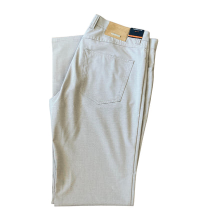 A pair of light gray Alberto Ceramica Pipe 1351 pants, folded to display the back pocket and tan waistband label. Made by Alberto from stretch fabric for comfort and style.