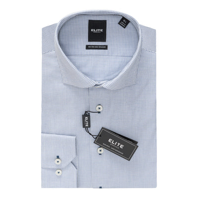 The Elite Dress Shirt E-2562005 by Elite is a light blue checkered 100% cotton shirt, featuring a front pocket, button-down collar, contemporary fit, and comes folded with brand tags attached.