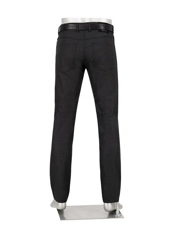 Back view of the Alberto Pipe Melange Birdseye Pant 1638 in dark gray, featuring a black belt, displayed on a mannequin against a white background.
