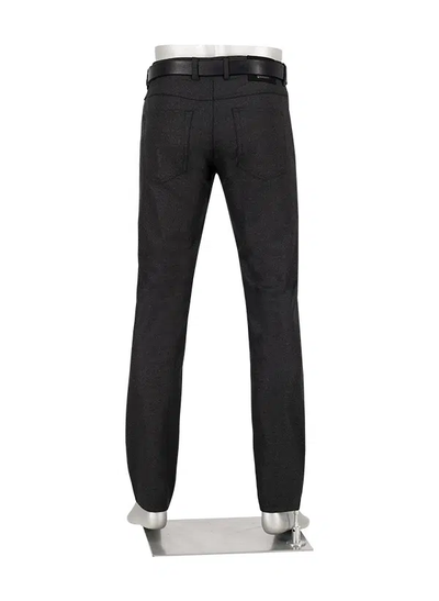 Back view of the Alberto Pipe Melange Birdseye Pant 1638 in dark gray, featuring a black belt, displayed on a mannequin against a white background.