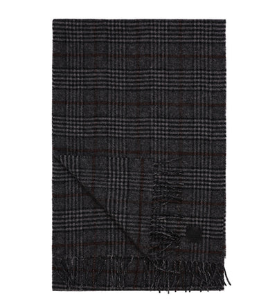 The Amanda Christensen Wool Check Scarf 440705 features a gray and black check pattern with fringed edges and a subtle black label—an essential winter accessory from Amanda Christensen.