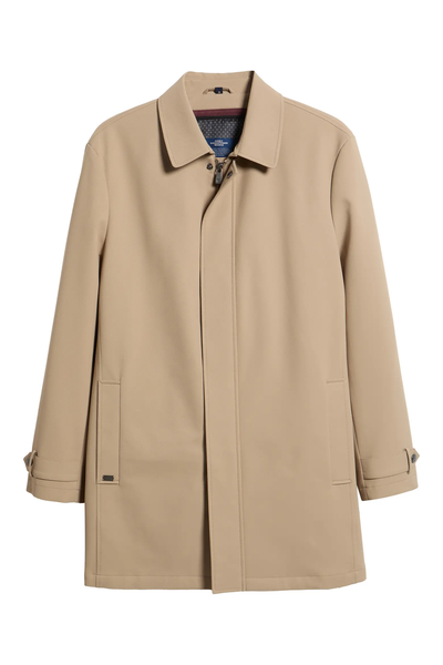 Beige, knee-length Hart Schaffner Marx Milo Waterproof All-Weather Jacket with a pointed collar, hidden front zipper, and adjustable buttoned cuffs.