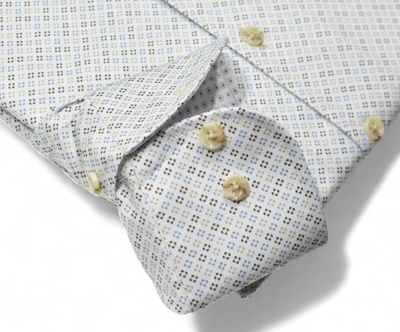 A close-up of the Marcello OP Colored Bracket Medallion Sport Shirt W104 sleeve, showing its geometric square pattern, cream buttons, and refined one-piece collar.