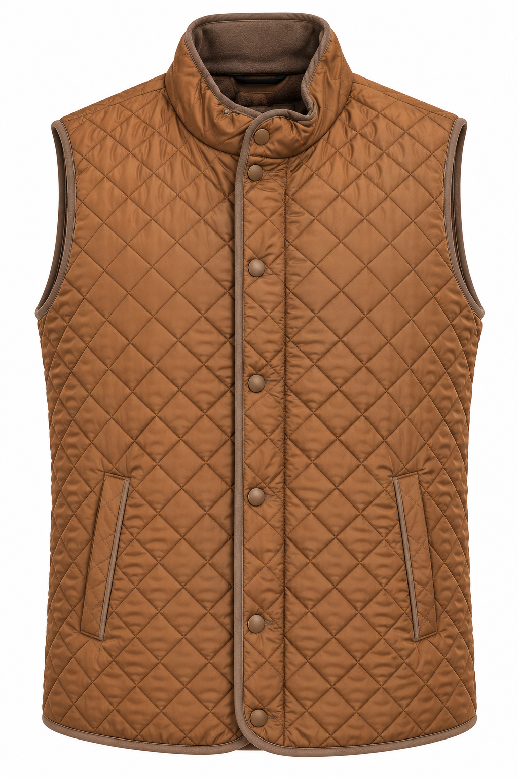 The F/X Fusion Upland Quilted Vest Big & Tall 13009 by F/X Fusion is a brown sleeveless vest featuring snap buttons, two front pockets, and a high collar, displayed on a plain white background. This lightweight men’s vest is ideal for layering and combines both style and comfort.