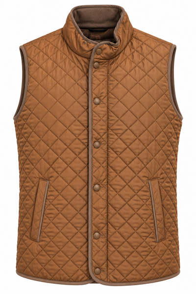 The F/X Fusion Upland Quilted Vest Big & Tall 13009 by F/X Fusion is a brown sleeveless vest featuring snap buttons, two front pockets, and a high collar, displayed on a plain white background. This lightweight men’s vest is ideal for layering and combines both style and comfort.