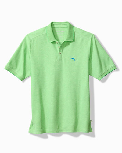 The Tommy Bahama Emfielder Polo Big & Tall is a light green short-sleeve polo with a collar, three buttons, and a blue embroidered dolphin logo on the left chest. Made from moisture-wicking Supima cotton for all-day comfort.