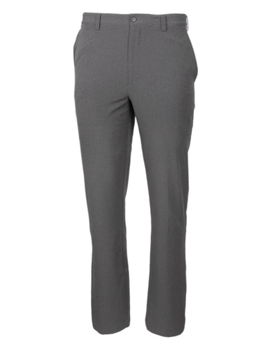 The Cutter & Buck Bainbridge Pants Big & Tall are gray flat front pants with belt loops, a front button, and side pockets, made from innovative DryTec fabric and shown against a white background.