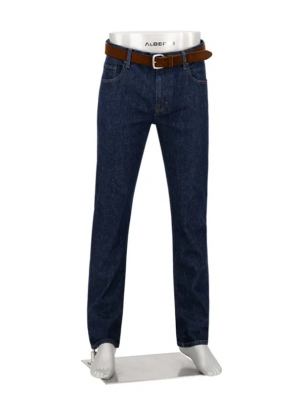 A mannequin displaying Alberto Bill 1463 Raw Denim jeans in a modern fit, styled with a brown belt, stands on a plain white background.