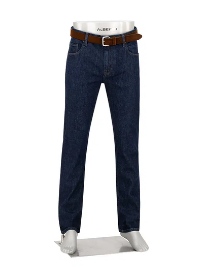 A mannequin displaying Alberto Bill 1463 Raw Denim jeans in a modern fit, styled with a brown belt, stands on a plain white background.