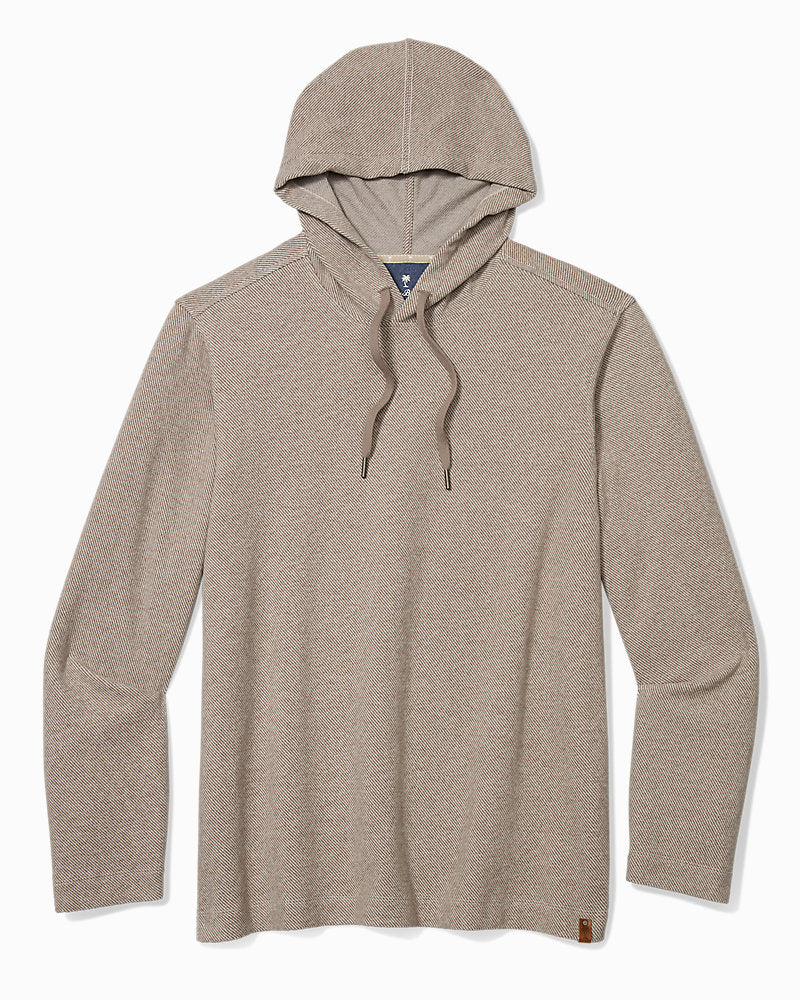 Tan, textured, long-sleeve 100% cotton Tommy Bahama Fireside Coast Hoodie Big & Tall featuring a drawstring hood.