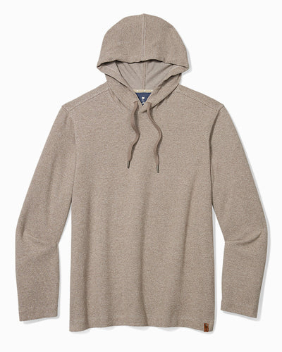 Tan, textured, long-sleeve 100% cotton Tommy Bahama Fireside Coast Hoodie Big & Tall featuring a drawstring hood.