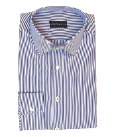 The Wilkes & Riley Stripe B1354 Big&Tall dress shirt features blue bengal stripes, soft Supima cotton broadcloth, white buttons, and a Wilkes & Riley label inside the collar.