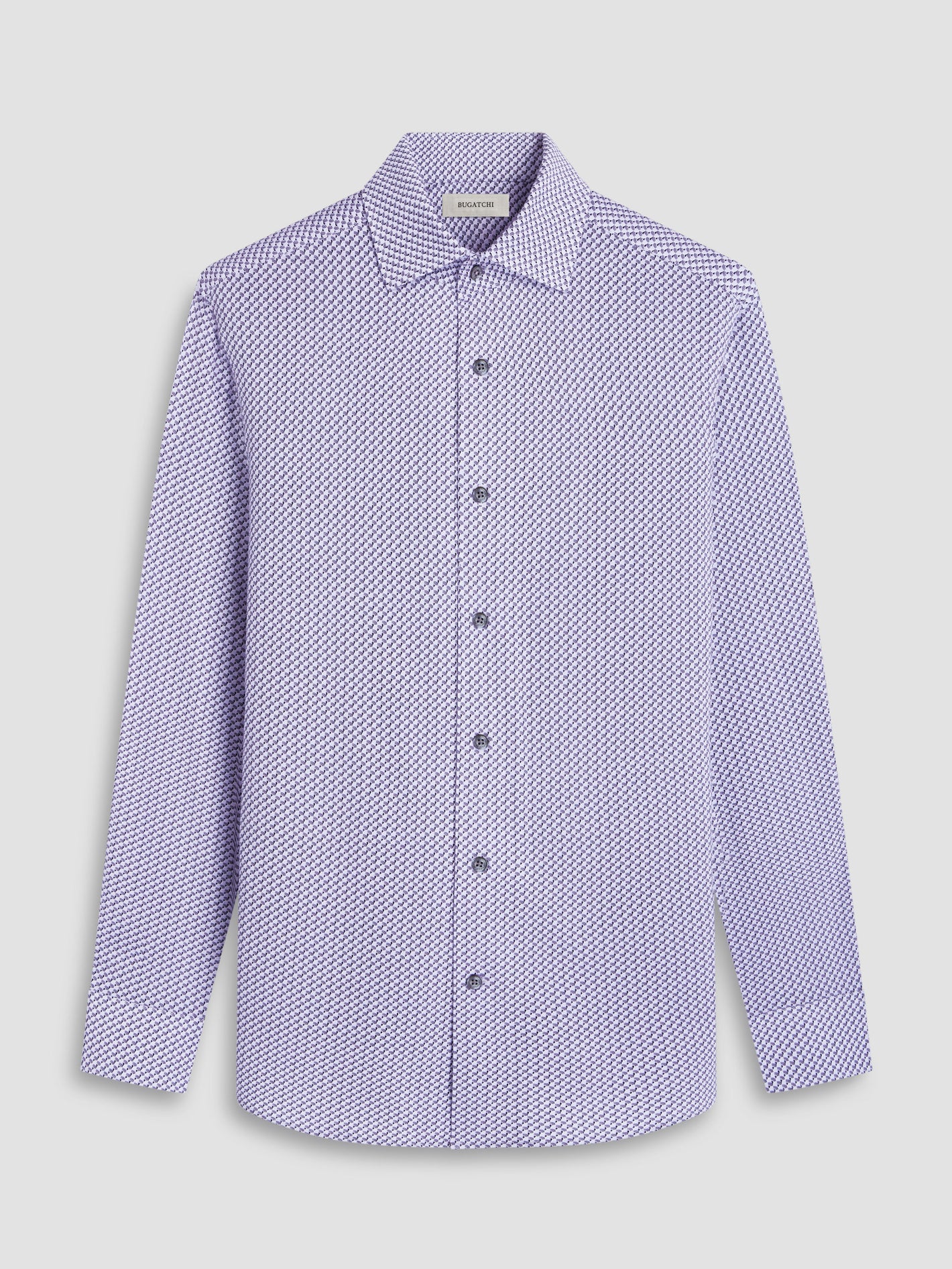 The Bugatchi LS Devon GF9025K80 Platinum is a premium long-sleeve button-up shirt by Bugatchi, featuring a geometric blue and white pattern, pointed collar, and cuffed sleeves—an Italian-inspired menswear piece on a white background.