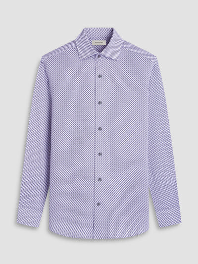 The Bugatchi LS Devon GF9025K80 Platinum is a premium long-sleeve button-up shirt by Bugatchi, featuring a geometric blue and white pattern, pointed collar, and cuffed sleeves—an Italian-inspired menswear piece on a white background.