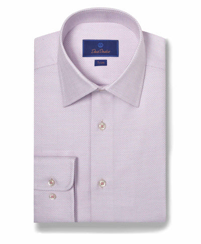 The David Donahue TBSP10013 is a folded light purple Pima cotton dress shirt featuring a herringbone pattern, spread collar, and buttoned cuff, with a Trim label on the inside collar.
