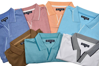 Seven Marcello Polo P-229 shirts in various colors, arranged overlapping to show the Marcello label—made from a premium cotton poly viscose blend for superior comfort.
