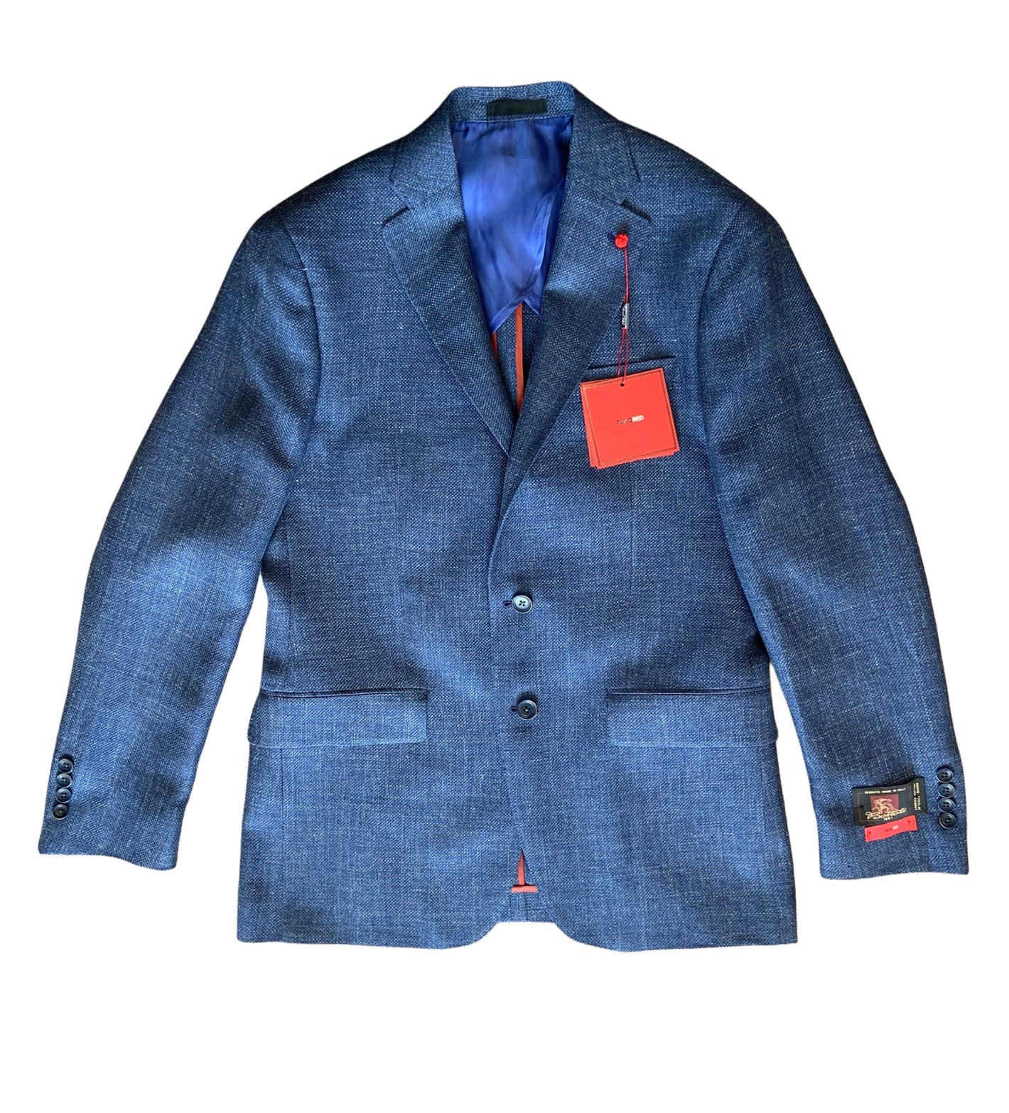 The TailoRed Gianni Sport Coat 8130475 is a blue textured linen-blend jacket with two buttons, flap pockets, and a notched lapel, shown flat with tags on the sleeve and front.
