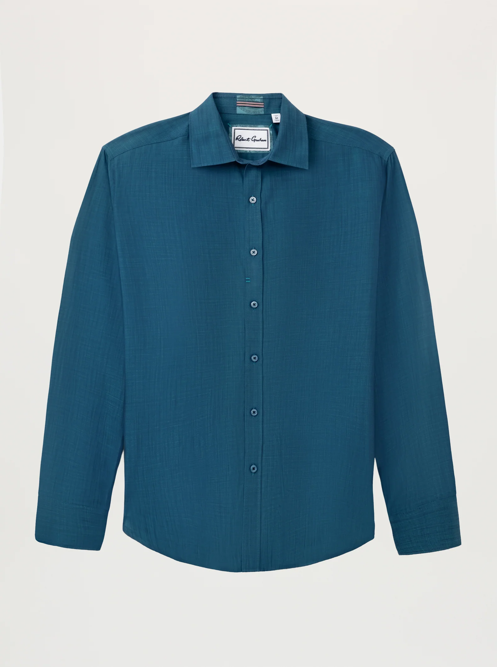 The Robert Graham Kerrington Woven Shirt Big & Tall by Robert Graham is a long-sleeve, button-down teal two-tone chambray shirt featuring a classic collar and textured weave, shown against a plain white background.