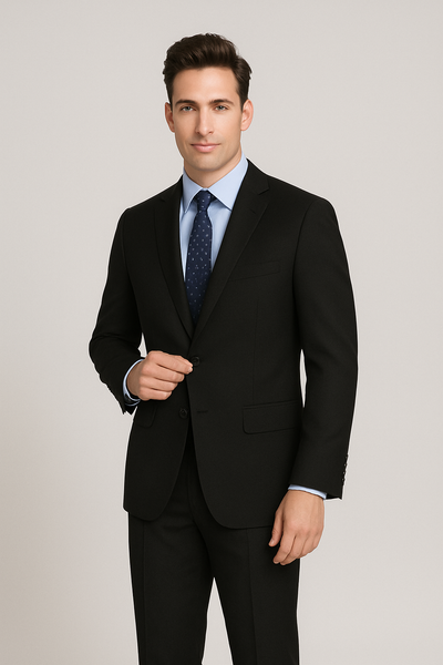 A man in a Paul Betenly Solid Suit - Slim Fit, paired with a light blue dress shirt and navy patterned tie, stands against a plain light background, touching a button on his jacket.