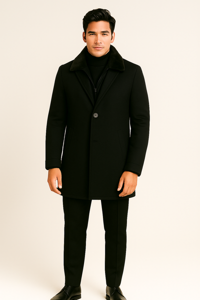 A man faces forward against a light background, dressed in a sleek black Paul Betenly Dino Travel Coat by Paul Betenly over a black turtleneck, black pants, and black shoes.