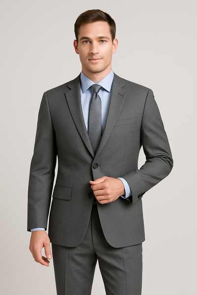 A man in a Paul Betenly Solid Suit - Slim Fit with a blue dress shirt and gray tie stands against a plain light background, looking at the camera.