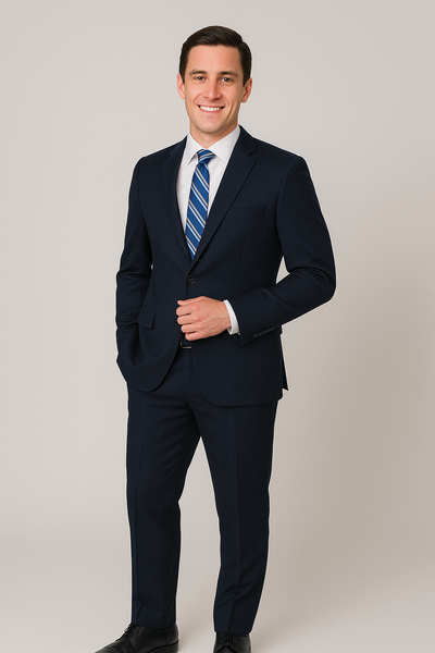 A man smiles at the camera wearing the Paul Betenly Solid Suit - Slim Fit with a white shirt and blue striped tie, standing against a plain light background.