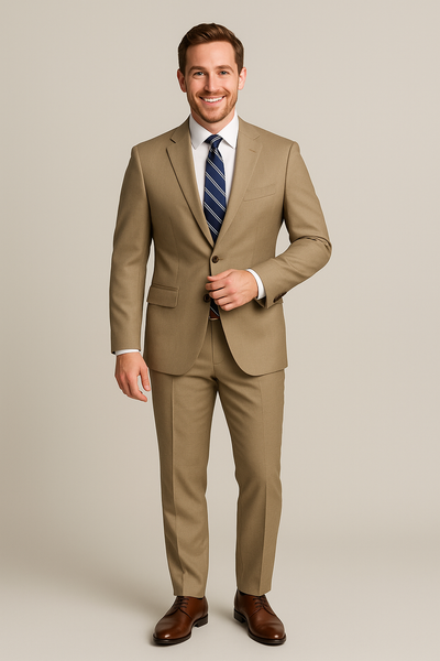 A man in a Paul Betenly Solid Suit - Slim Fit, paired with a white shirt and striped blue tie, stands smiling in front of a plain light background.