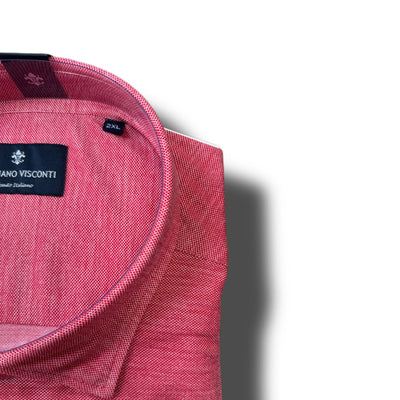 Close-up of a folded Luchiano Visconti Big & Tall Sport Shirt ST-5022 in red, featuring the Luchiano Visconti brand label and a 2XL size tag inside the collar, highlighting Italian craftsmanship.
