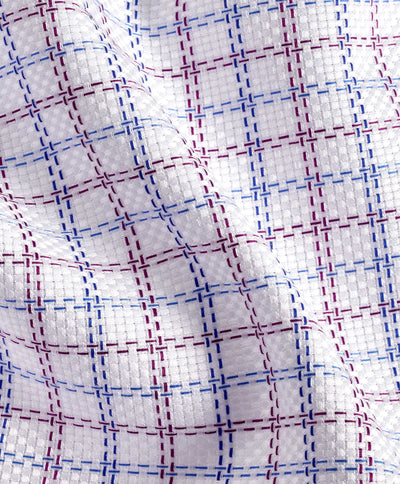 Close-up of the David Donahue Blue/Berry Check Prt Shirt TBSP11808, showcasing soft white Pima cotton with a grid pattern of intersecting blue and red stitched lines.