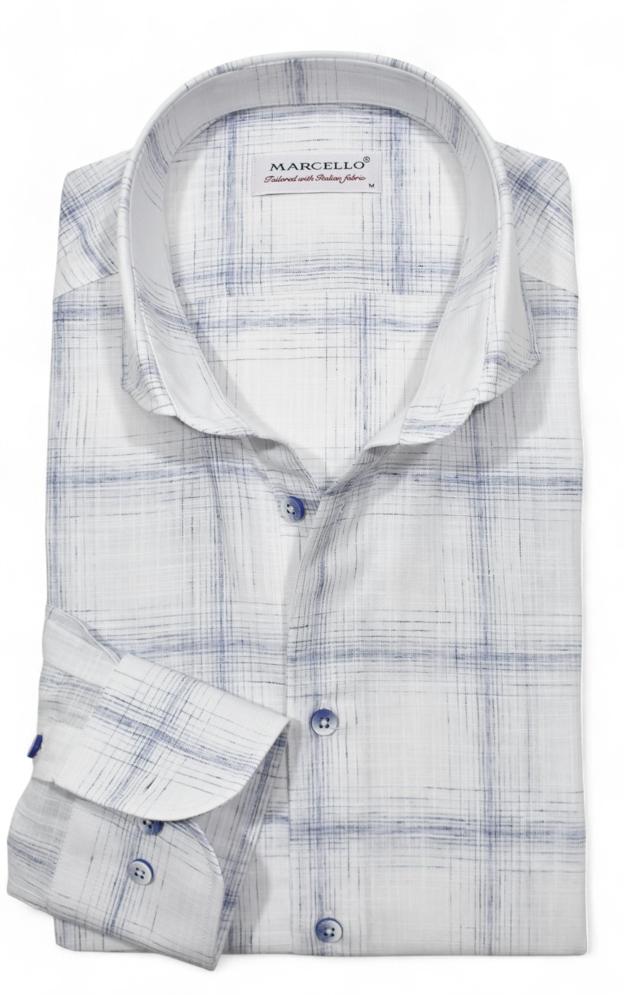 The Marcello OP White Plaid Sport Shirt W185L is a long-sleeve, cotton-linen blend shirt with a white base, light blue plaid pattern, blue buttons, and signature Marcello label.