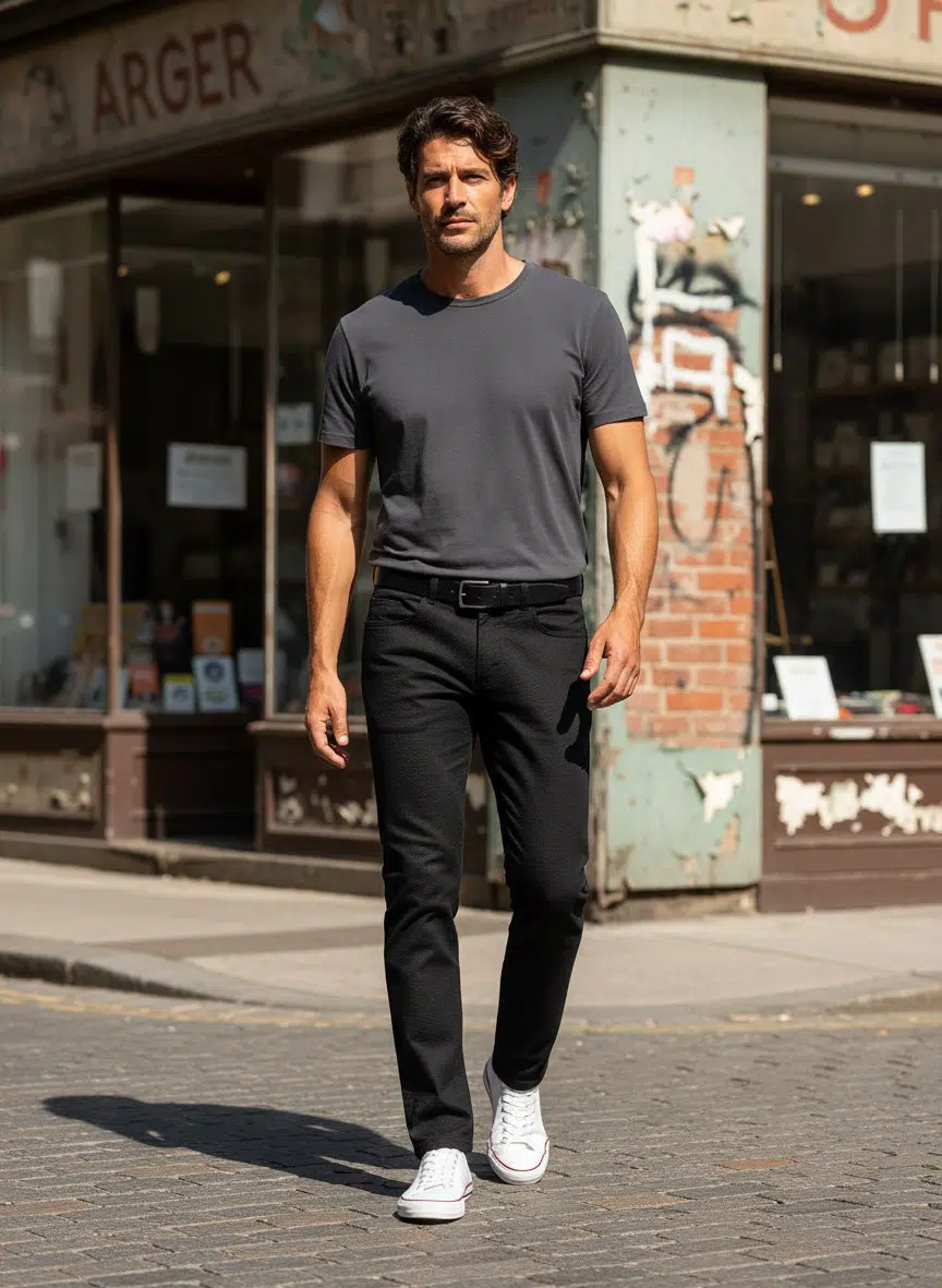 A man in a gray t-shirt, Alberto Pipe Melange Birdseye Pant 1638 by Alberto, and white sneakers walks down a cobblestone street in front of a weathered storefront.