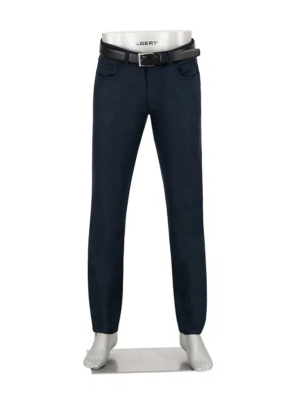 A mannequin displays the Alberto Pipe Melange Birdseye Pant 1638 in dark blue with a black belt, standing upright on a white base.