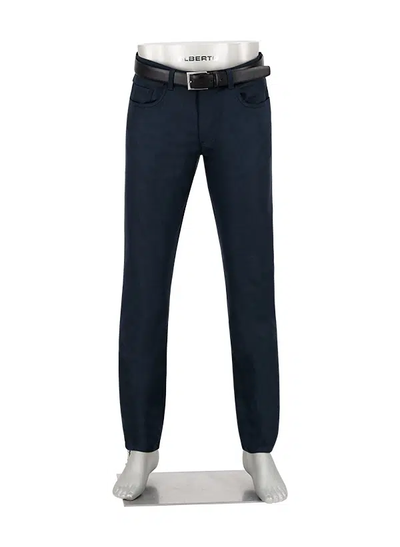 A mannequin displays the Alberto Pipe Melange Birdseye Pant 1638 in dark blue with a black belt, standing upright on a white base.