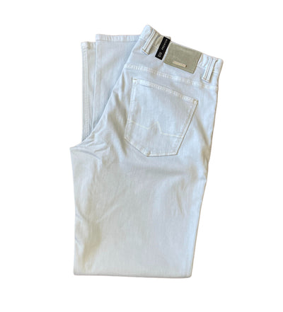 A pair of neatly folded Alberto Pipe Stretch Denim 1764 jeans in white with a visible back pocket and a black Alberto label on the waistband, displayed on a white background.