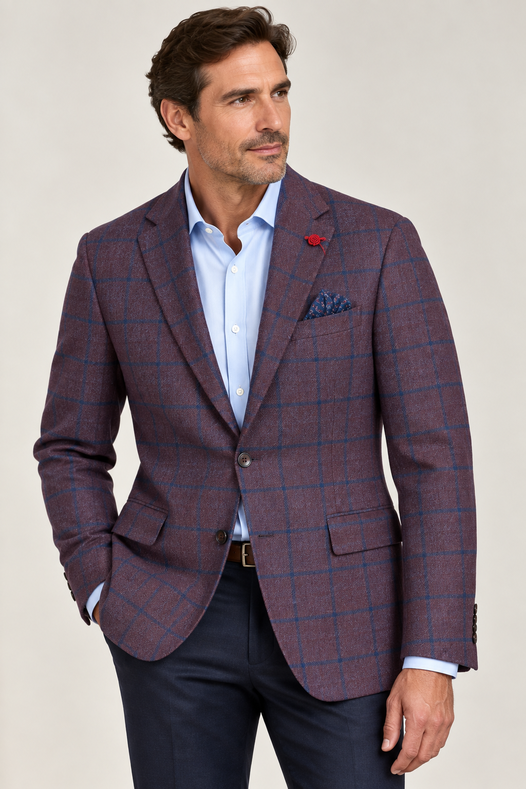 A man with brown hair and a trimmed beard stands with one hand in his pocket, looking to the side. He is wearing the TailoRed Maroon Navy Windowpane Wool Sport Coat by TailoRed, expertly crafted from fine Italian fabric, paired with a light blue shirt and navy pants.