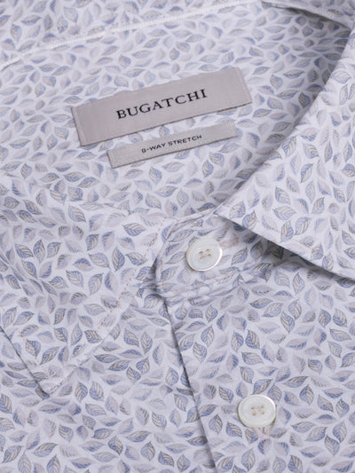 Close-up of the Bugatchi OP James OoohCotton® Leaf Print Shirt JF9212K60—a light-colored, wrinkle-resistant shirt with a small leaf pattern and white buttons; stylish and versatile for any occasion.