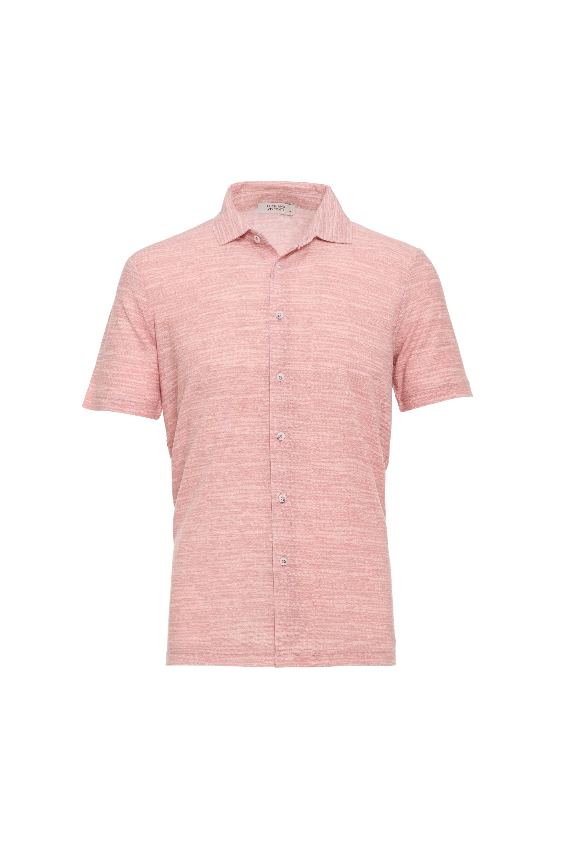 The Luchiano Visconti Visconti Printed Como Knit Short Sleeve Shirt MORLSS54 features a light pink heathered fabric, short sleeves, button-up front, collar, and Italian craftsmanship, displayed on a plain white background.