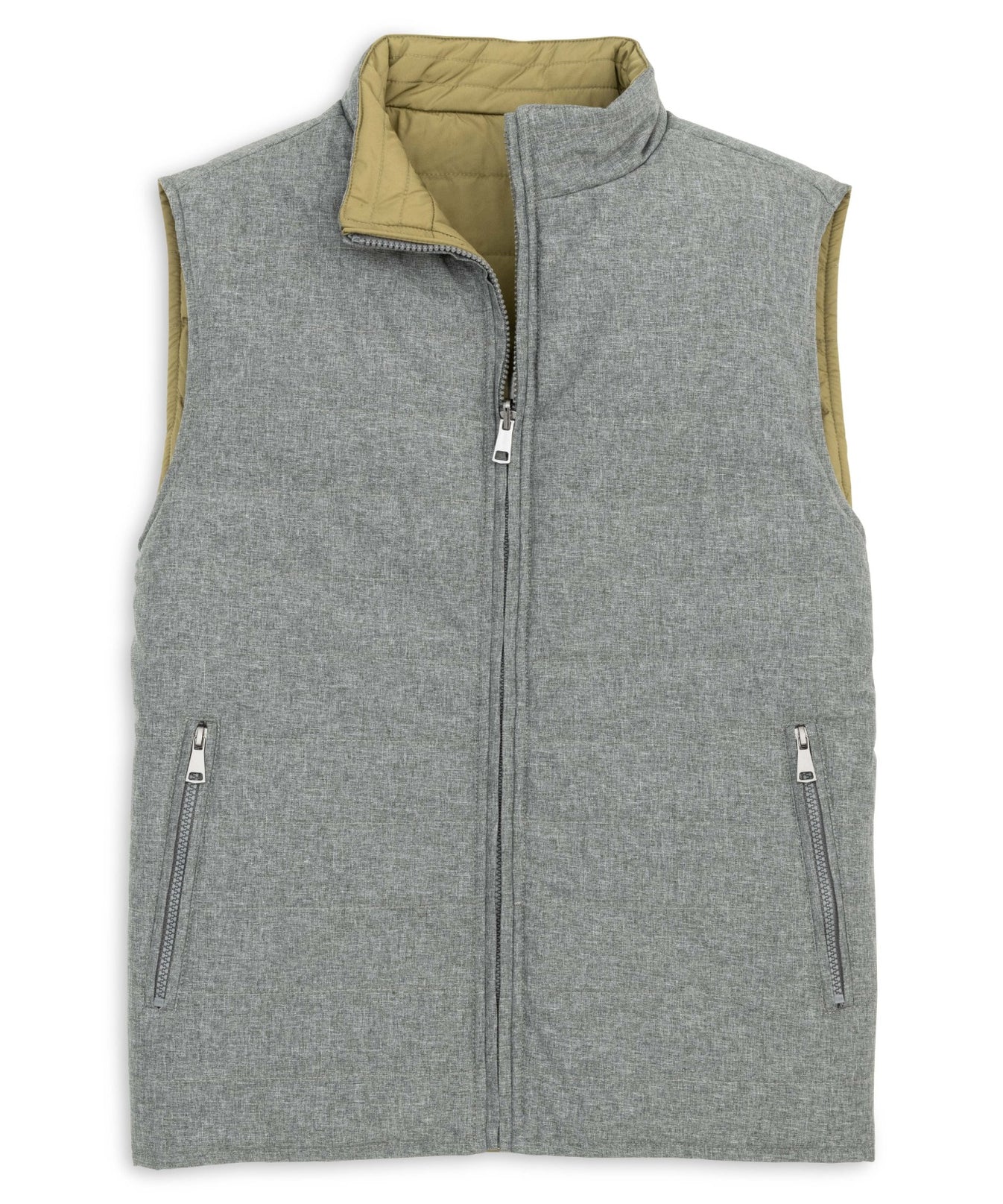 The Scott Barber Reversible Quilted Vest V77200 by Scott Barber is a gray, sleeveless vest with channel quilting, two front zippered pockets, a two-way zipper, and a light tan lining, shown laid flat on a white background.