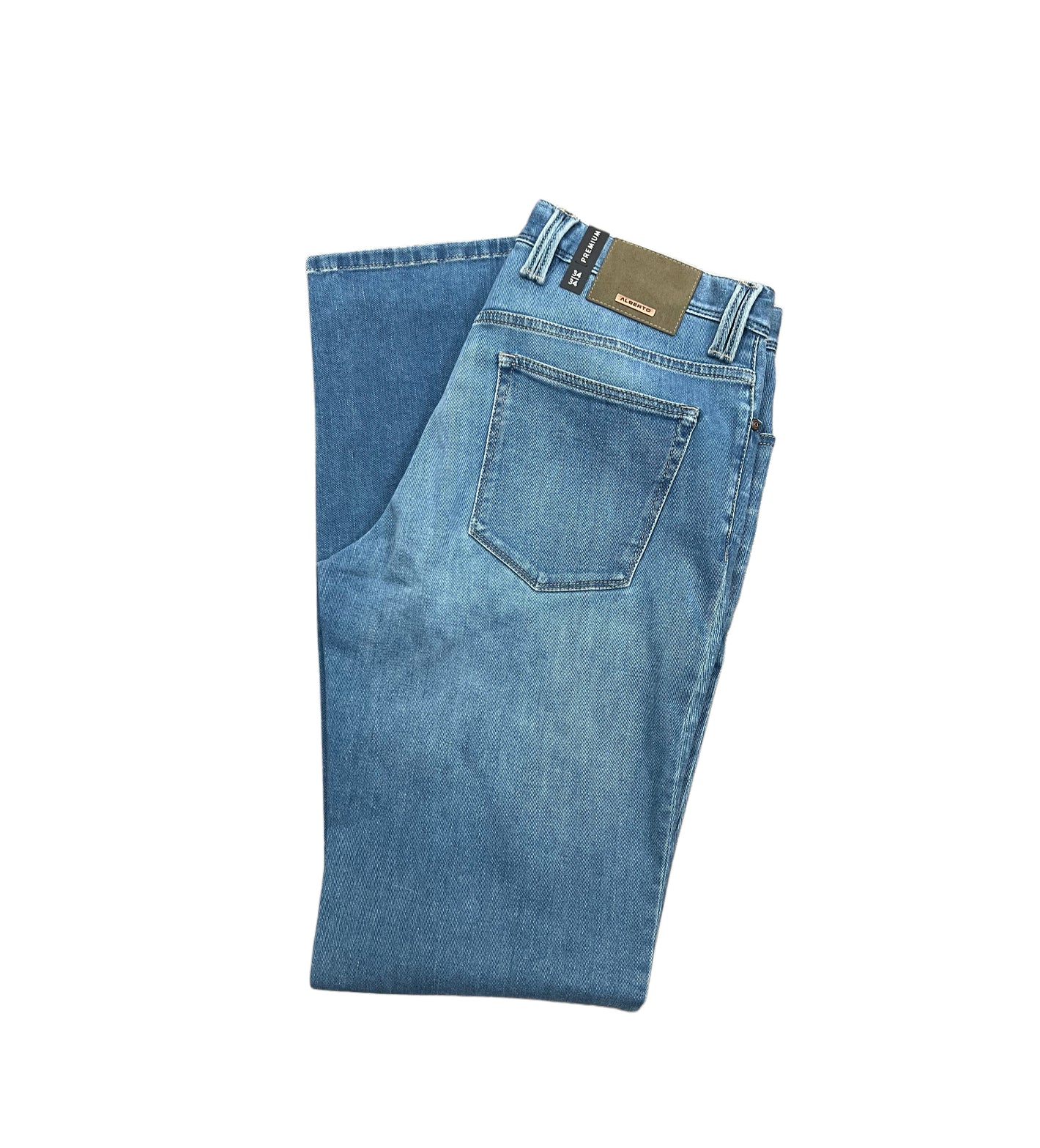 A pair of folded Alberto PIPE Denim 1266 blue super stretch jeans with tags attached and a visible back pocket, displayed on a white background.